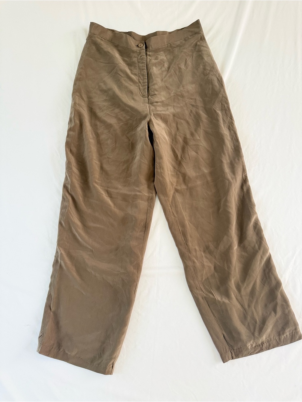 VTG Ikare Sport 100% Silk Pants Womens L Brown Taupe Wide Leg Quiet Luxury